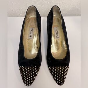 Vintage Escada Black Suede Low-Heel Studded Pumps, size 6.5